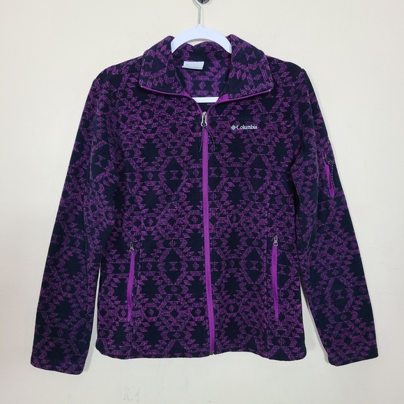 Columbia Jackets & Blazers - Columbia Purple Black Geometric Fleece S Full Zip Jacket Granola Girl Winter